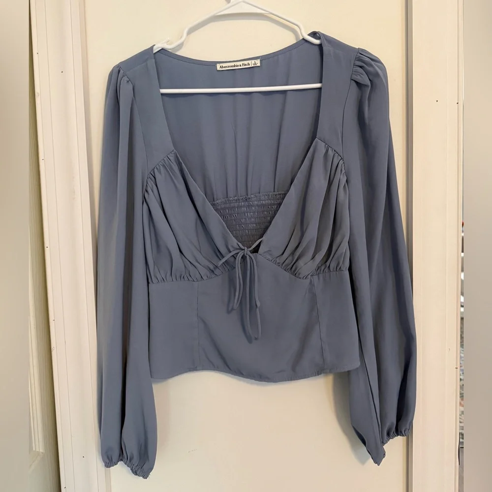 Abercrombie & Fitch Blue Long Sleeved Satin Ruched Tie Top